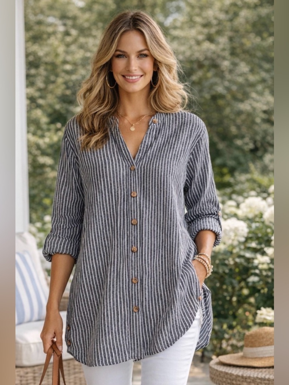 NWOT Striped Button Front Cotton Tunic Top Navy and White w/ herringbone detail